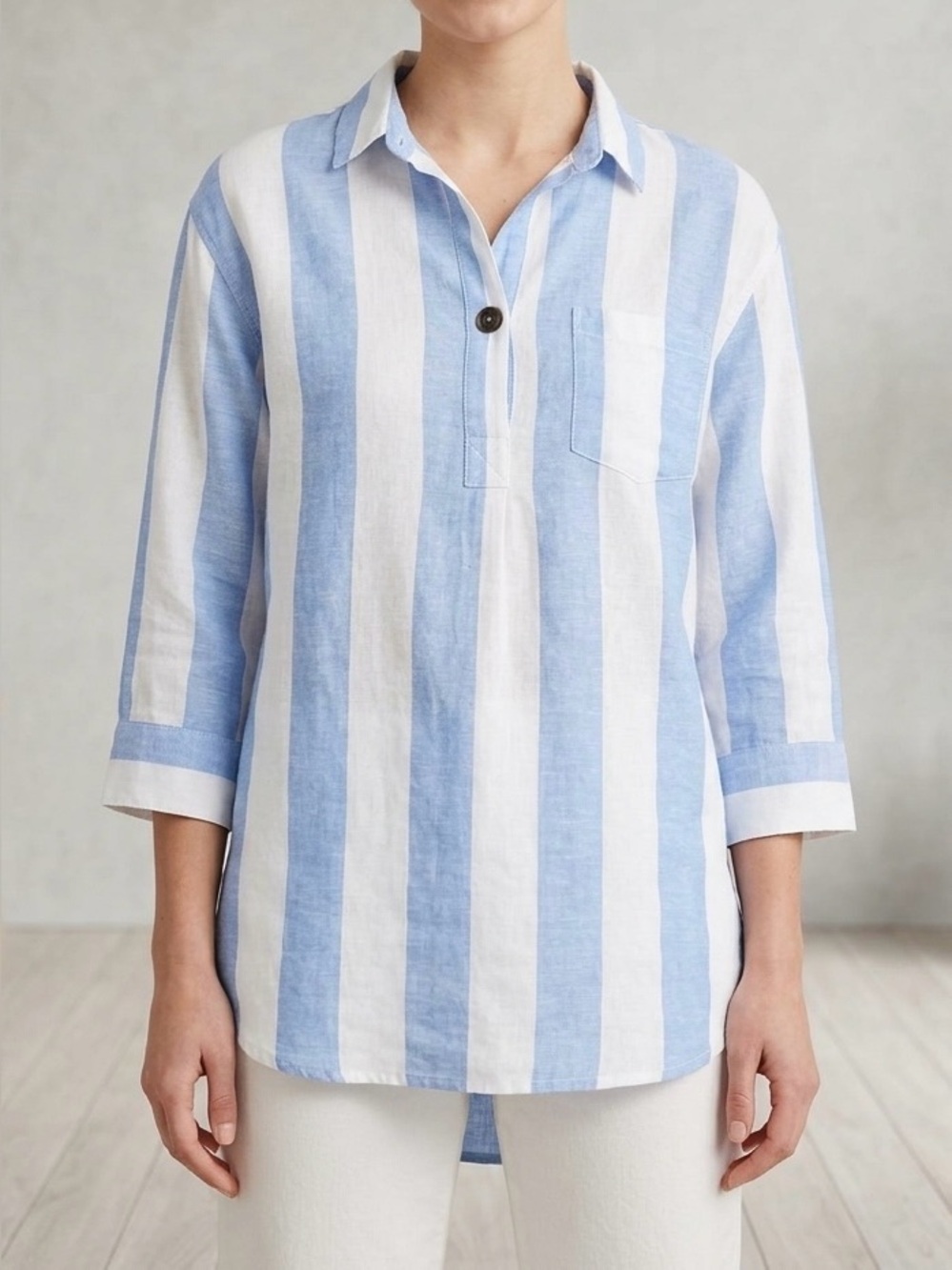 Old Navy Linen Blend Striped Popover Tunic Shirt Blue White XL Coastal Resort